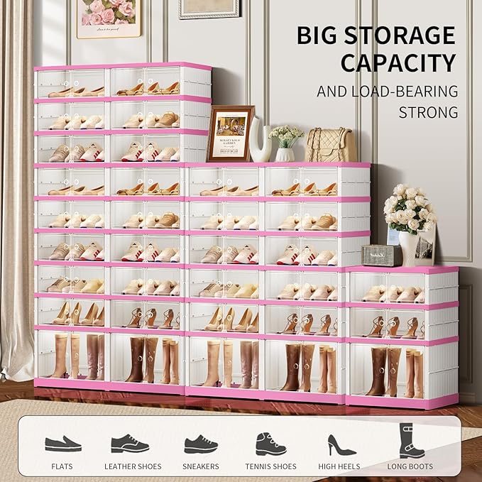 9-Tier Foldable Shoe Rack Organizer for Closet,18 Pairs Collapsible Plastic Shoe Shelf,Clear Stackable Shoe Storage Boxes with Door Easy Assembly,Shoe Cabinet with Lids Large（White-Pink）