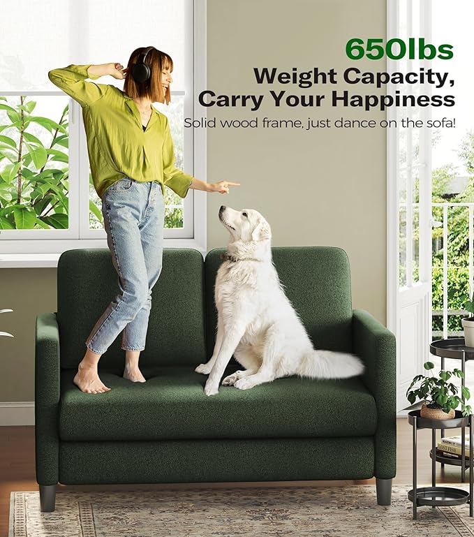 Welzona Loveseat, 51" Small Couch, Comfy Teddy Love Seat for Living Room, Tool-Free Setup Loveseat Sofa for Small Spaces, All-Wood Small Sofa Couch for Bedroom, No Pillow Included, Green