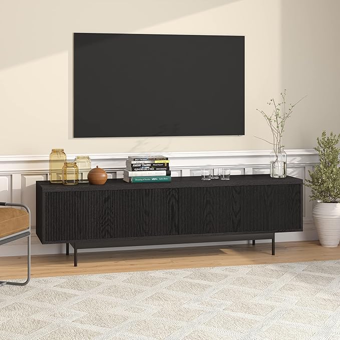 Henn&Hart Fluted TV Stand for TVs up to 75" with 2 Open-Concept Ribbed Storage Cabinets for Living Room, Family Room, or Office, Natural Black