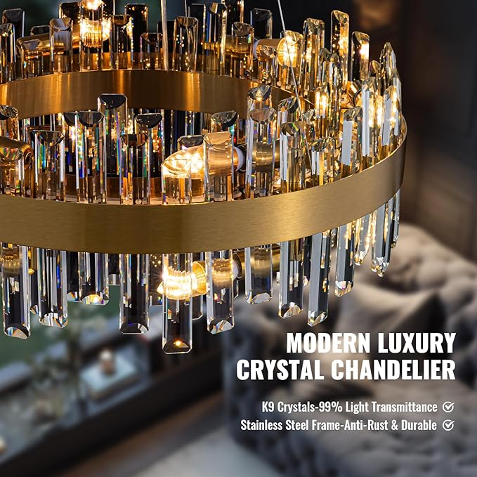 Gold Crystal Chandelier for Dining Room, 12-Light Modern Chandelier, 23.6-inch K9 Crystal Raindrop Ceiling Light, Luxury Flush Mount Light Fixture for Kitchen Living Room Entryway Bedroom