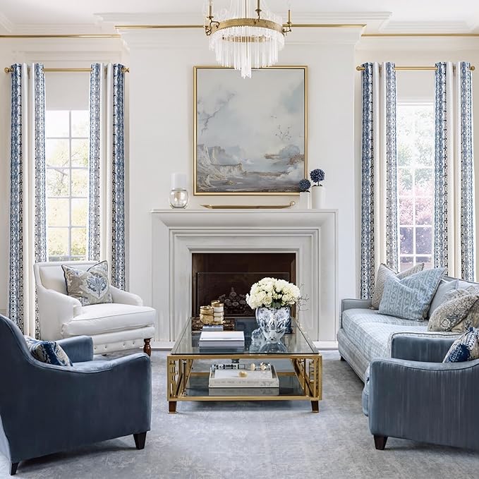 NICETOWN Navy Blue and Cream Boho Curtains 102" Long, Embroidered Linen Textured Floor to Ceiling Drapes with Antique Bronze Grommets, Light Filtering Window Treatment for Living Room, 2 Panels