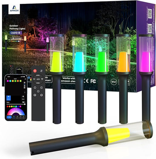APPECK Pathway Lights Outdoor 800LM, RGBCW Low Voltage Landscape Lighting, Smart APP and Alexa Control, IP65 Waterproof, Color Changing Walkway Lights for Garden, Yard, Patio, Christmas, 6 Pack