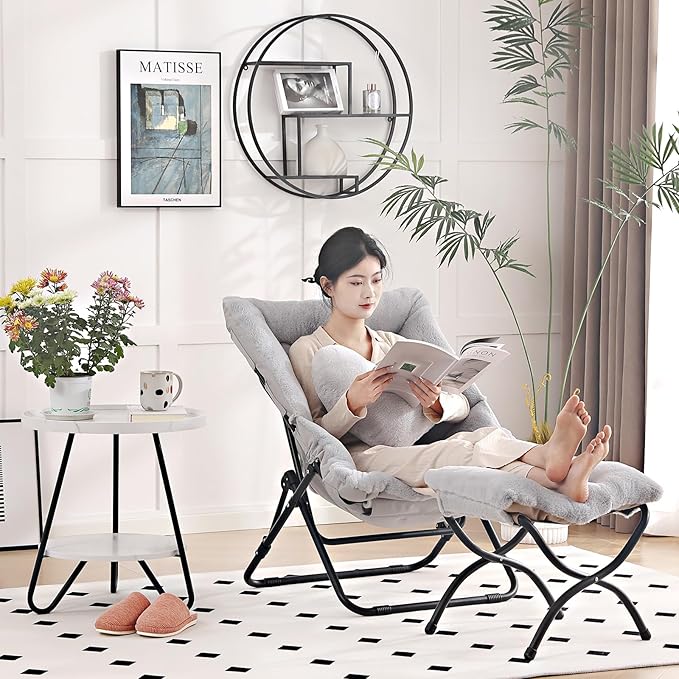 Comfy Saucer Chair with Ottoman, Oversized Folding Faux Fur Chair Soft Furry Lazy Chair with Metal Frame Moon Chair Accent Chair for Bedroom, Living Room, Dorm Rooms, Grey