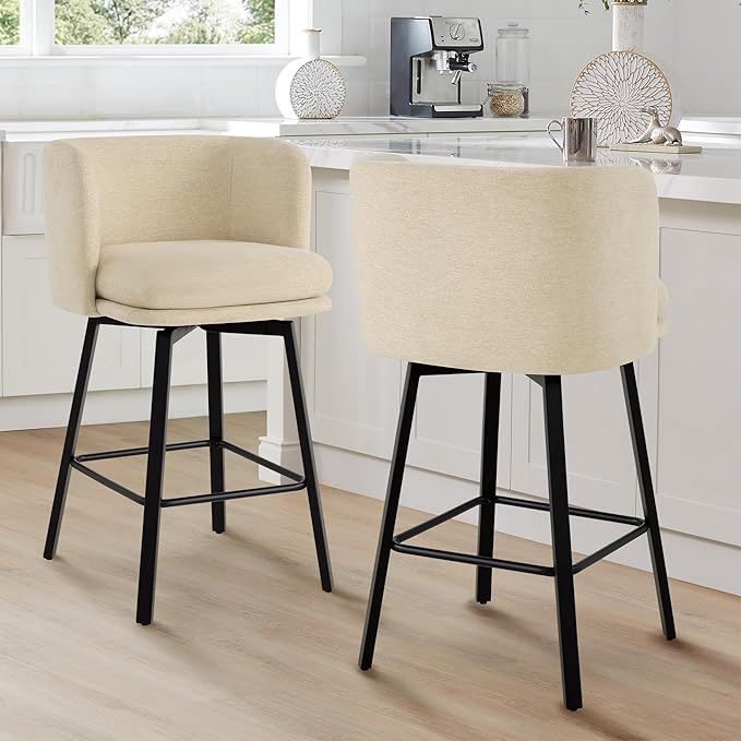 26" H Counter Height Swivel Bar Stools Set of 4, Barrel Counter Stools with Backrest, Linen Fabric Upholstered Barstools with Metal Legs for Kitchen Island,Sand