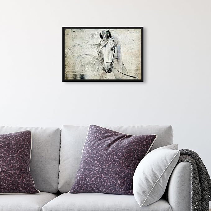 Country Farmhouse Canvas Print Painting Animal Wall Art 'Southern White Horse' Black Framed Canvas Rustic Home Décor 15x10 in Gray, Brown by Oliver Gal