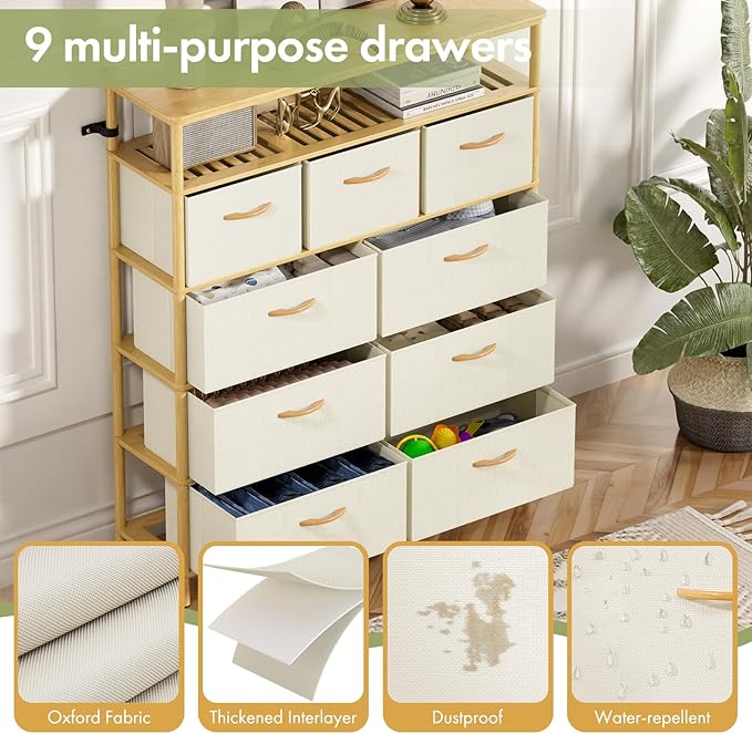 9 Drawer Fabric Dresser, Bamboo Fabric Drawer Dresser, Large Capacity Storage, for Bedroom and Living Room