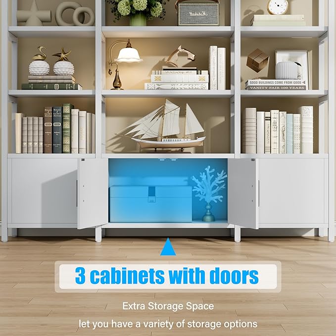 Tall Arched Bookshelf and Bookcase with 3 Cabinets, Triple Wide 5 Tier Industrial Etagere Open Bookshelf, Wood Book Shelf for Bedroom Living Room (White)