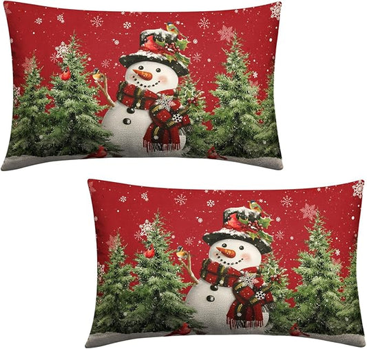 Winter Snowman Pillow Covers 12x20 Set of 2 Red Winter Lumbar Throw Pillow Covers Xmas Snowman Cardinal Snowy Pine Tree Pillow Case Winter Outdoor Pillowcases for Living Room Couch Sofa