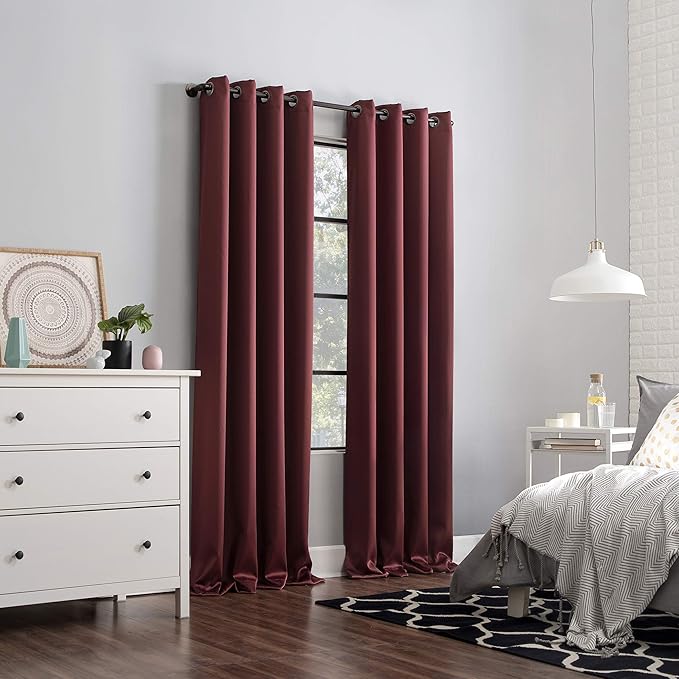 Sun Zero Nordic 2-pack Theater Grade Extreme 100% Blackout Grommet Curtain Panel Pair, 52" x 84", Wine