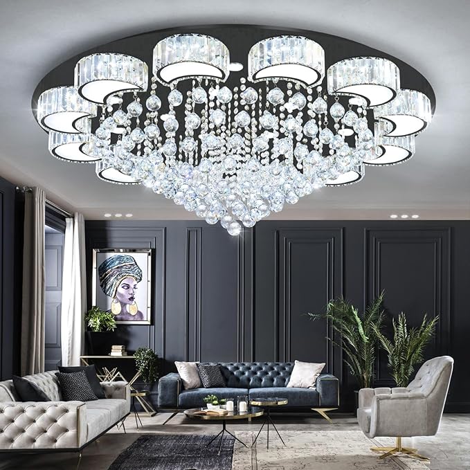 47'' Black Modern Crystal Chandeliers for Dining Room LED Dimmable Light Fixtures Flush Mount Light Living Room Bedrooms