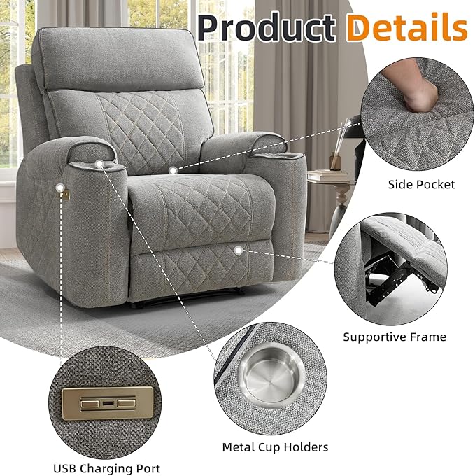 EBELLO Power Recliner Chair, Electric Fabric Reclining Sofa with Cup Holders, USB Charging Ports, for Living Room, Bedroom and Meeting Room, Light Grey