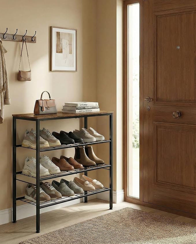 4-Tier Shoe Rack for Entryway, Bedroom & Living Room – Sturdy Shoe Storage Organizer with Adjustable Leveling Feet, Compact Design (26.9”x11.8”x26.1”), Rustic Brown