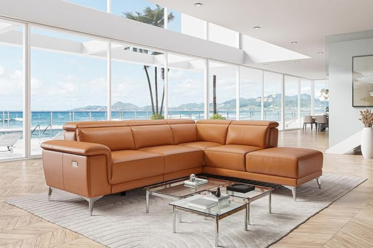 Valencia Pista Full Leather Right Chaise Sofa 112.5" | Italian Nappa Leather Modern Cloud Couch for Living Room/Apartment Furniture | Power Recliner, Ultimate Comfort, Cognac