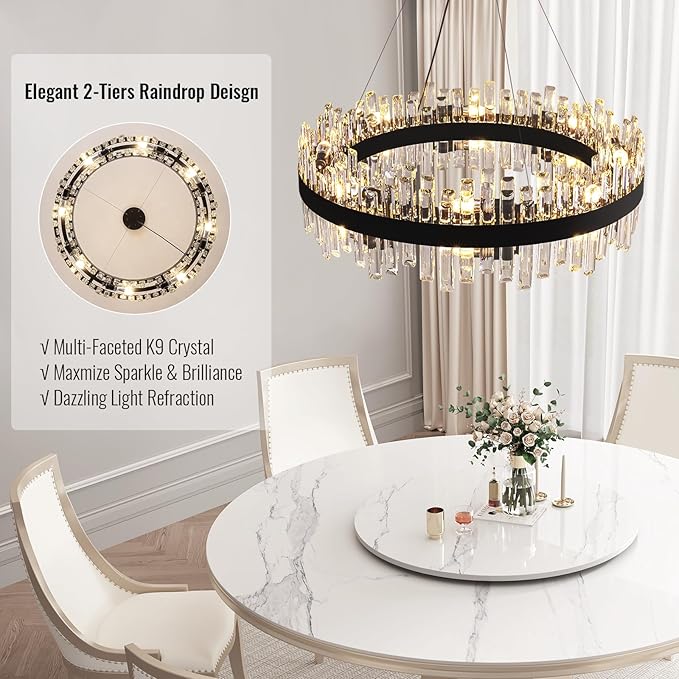 CROSSIO Modern Crystal Chandelier 16-Light Black Round 2 Tiers Raindrop Chandelier for Dining Room Luxury Large Flush Mount Ceiling Light for Living Room Entryway Foyer Bedroom D31.5''