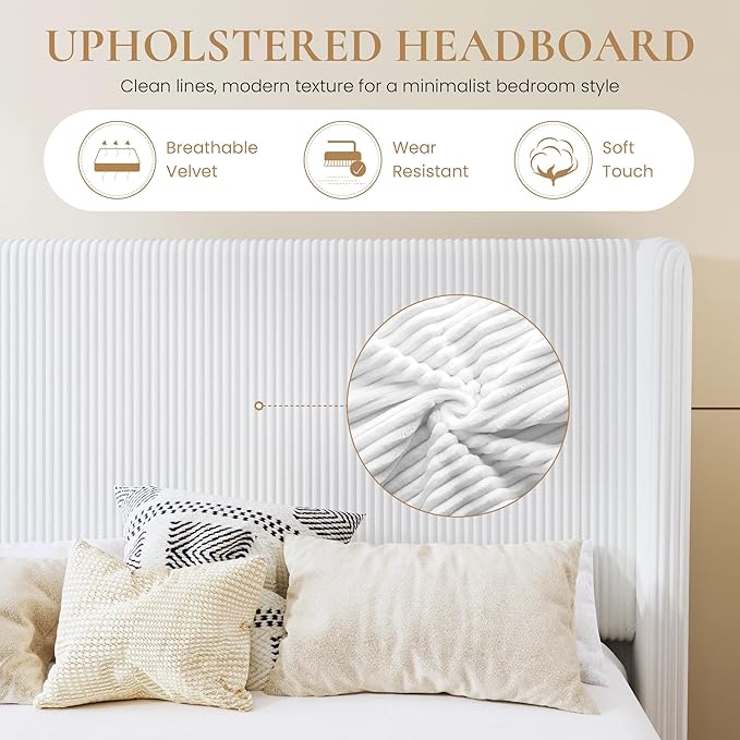 SHA CERLIN Full Size Corduroy Upholstered Platform Bed Frame with Vertical Channel Tufted Wingback Headboard, 8" Under Bed Storage, Wooden Slats & Metal Frame Support, Easy Assembly, White