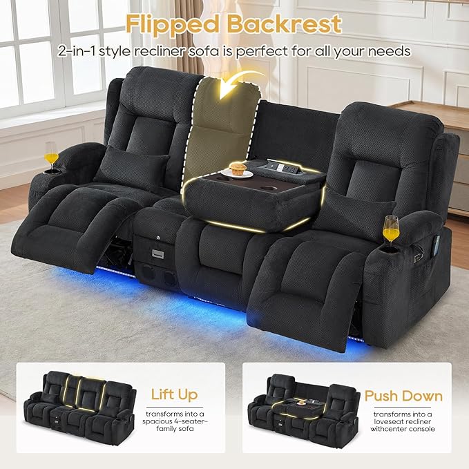 IPKIG Power Recliner Sofa with Flip-Up Backrest Console, USB & USB-C Ports, AC Outlet, LED Lights, Wall Hugger Recliners for Living Room, RV (Charcoal, 89" - 4 Seat) | Velvet Fabric, Zero Gravity, Dual Reclining, 2 Lumabr Pillow, Bluetooth Speakers