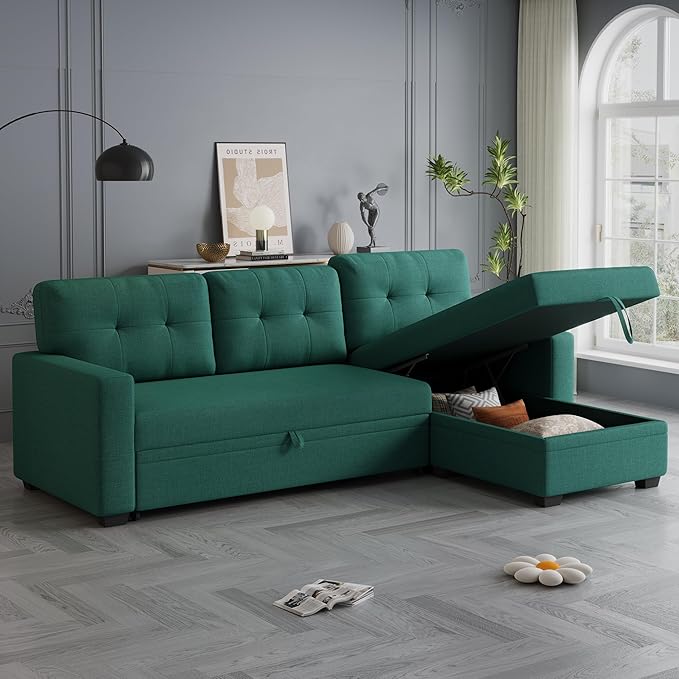 82" L-Shape Convertible Sleeper Sectional Sofa with Storage Chaise and Pull-Out Bed,Modular Corner Couch Lounge,w/Removable 3 Back Cushions and Armrest,for Home Furniture,Green