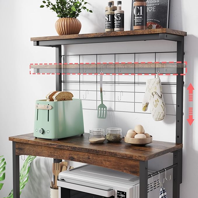 Bestier Bakers Racks with Storage Cabinet, Height-Adjustable 45" to 55" Microwave Stand for Kitchen with Wheels & Feet, Industrial Rolling Coffee Bar Shelf with 10 S-Hooks Rustic Brown