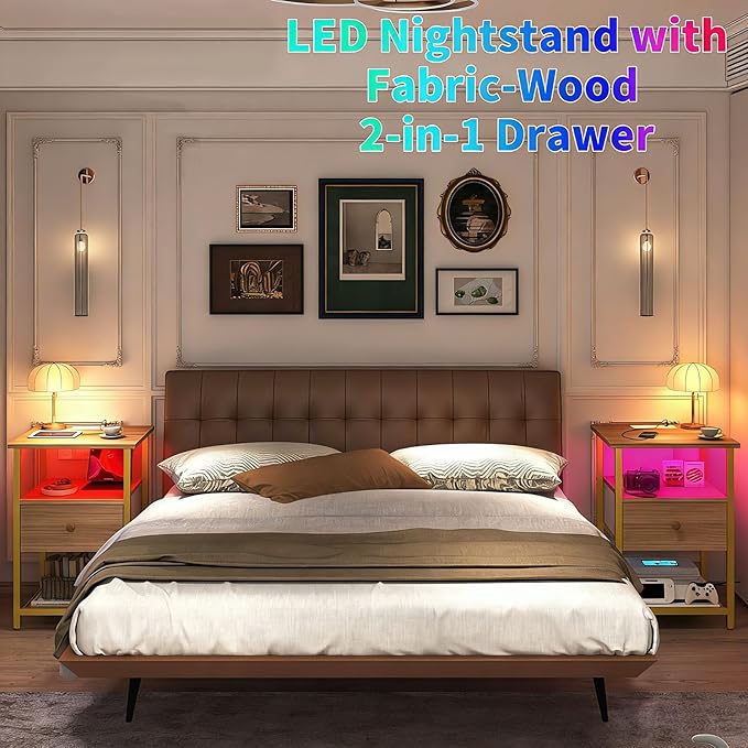 LED Nightstands Set of 2 with Charging Station, Bedside Tables with USB Ports and Outlets, End Table with Fabric-Wood 2-in-1 Drawer for Small Spaces, Wooden Color Side Table for Bedroom