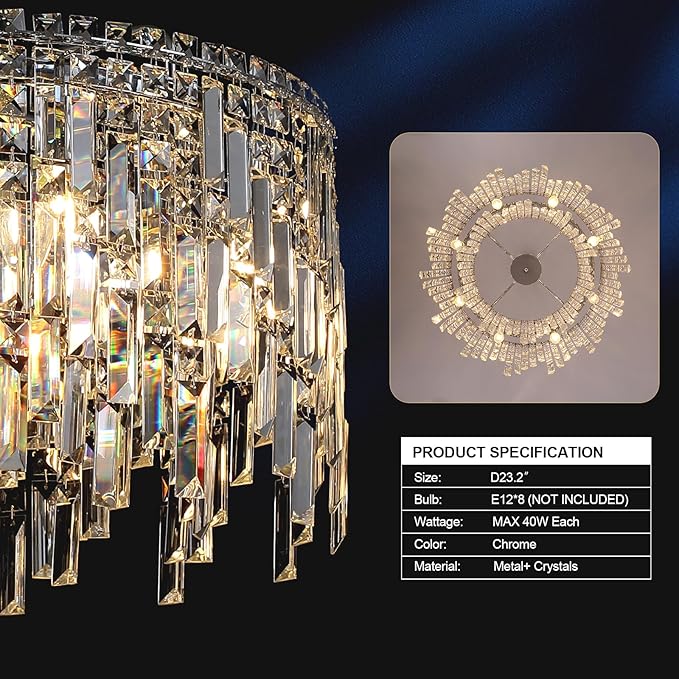 Crystal Chandelier, 24" Modern Round Chandelier for Dining Room, K9 Large 8-Light Crystal Pendant Fixtures Raindrop Luxury Pendant Ceiling Light Chrome for Entryway Foyer Staircase