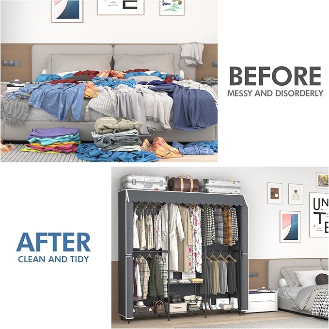 68 inch Heavy Duty Portable Closet Wardrobe Closet with Cover Large Storage Clothes Rack for Hanging Clothes Metal Armoire Wardrobe Closet Shelves Freestanding Clothing Racks for Bedroom Gray 660 LBS