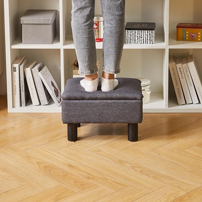 Small Foot Stool Ottoman with Storage, Linen Foot Rest with Wood Legs Safety Hinge Flip Top, Bedside Step Stool Rectangle 16x12x9.5inch for Living Room Bedroom Dark Gray YD-JD1363