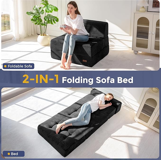 MAXYOYO 8" Folding Sofa Bed, Convertible Sleeper Sofa Lounger Foldable Mattress, Wedge Shape Floor Couch Tufted Fold Out Chair Bed Comfy Floor Couch Lounge for Living Room Bedroom, Single, Black