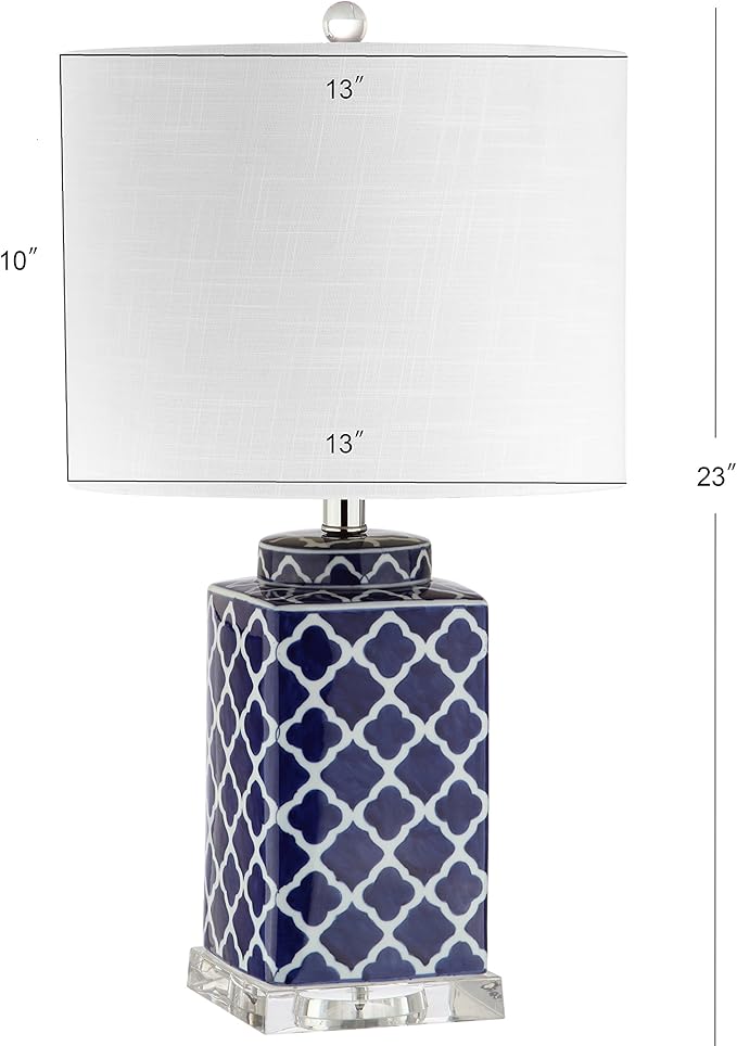 JONATHAN Y 23" Blue/White Chinoiserie Ceramic LED Table Lamp, Hand-Painted Trellis Ginger Jar Design for Living Room Bedroom, White Linen Drum Shade, LED Bulb Included JYL3011A