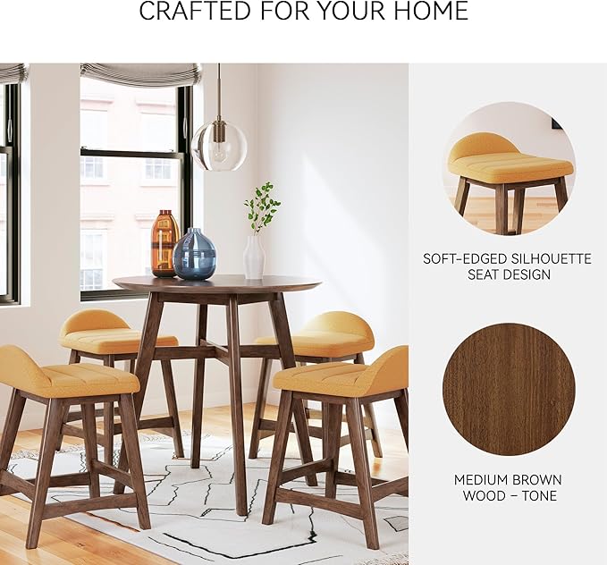 Signature Design by Ashley Lyncott Contemporary 24.25" Seat Height Counter Height Upholstered Bar Stool with Foam Cushion, 2 Count, Mustard Fabric, Solid Hardwood Frame with Brown Finish