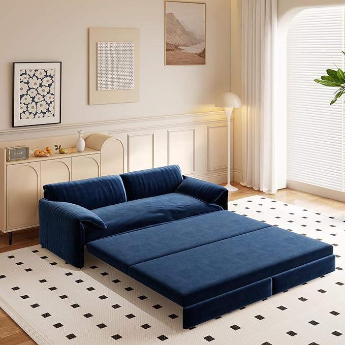 Eafurn 66" Convertible Sofa Bed Queen Size, 3-in-1 Pull Out Sleeper Couch Sofabed, Modern Velvet Loveseat Chaise Lounge w/Side Storage Pocket for Living Room Office | Removable Cushions