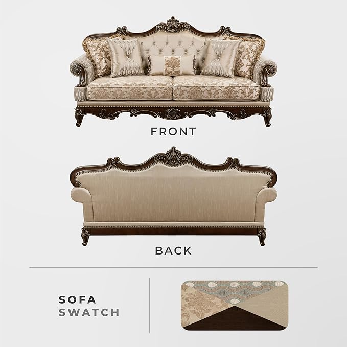 Lexicon Traditional Sofa Couch for Living Room, Rolled Arm Sofa with 5 Accent Pillows, Tufting, Queen Legs in Cherry Finish with Gold Tipping, Upholstered Living Room Furniture, 3 Seater Couch, Brown