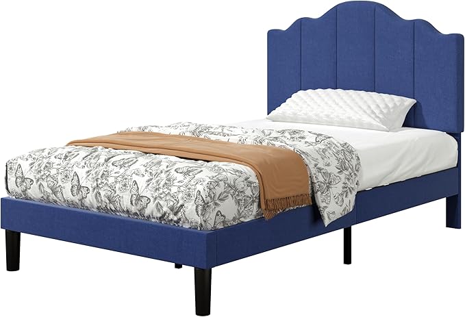 VECELO Twin Size Upholstered Platform Bed Frame with Adjustable Headboard, Wood Slat Support and Noise-Free, No Box Spring Needed, Easy Assembly, Blue