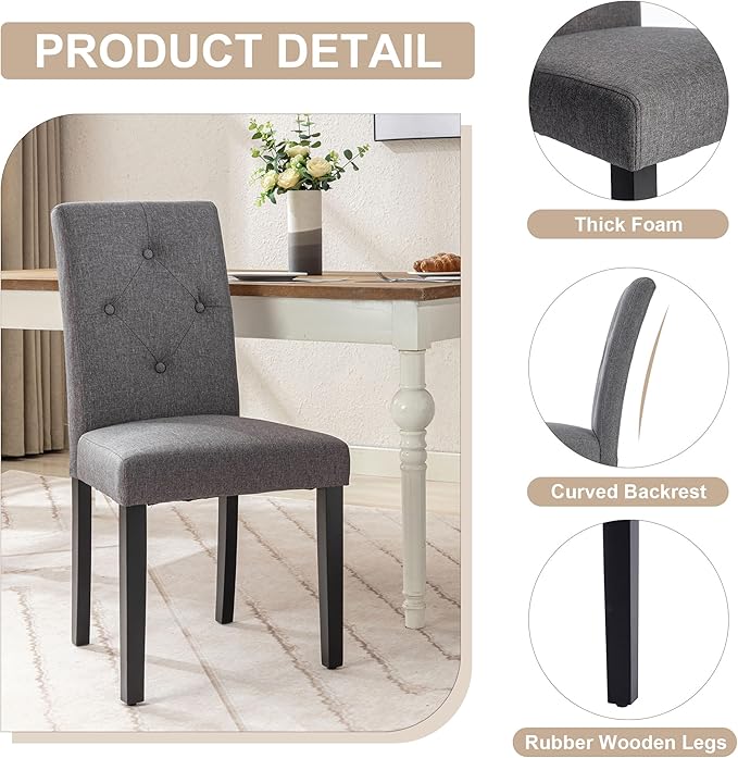 VECELO Upholstered Dining Chairs Set of 2, Modern Fabric and Solid Wood Legs &High Back for Kitchen/Living Room- Dark Gray