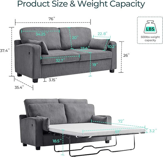 LINSY HOME Pull Out Sofa Bed - Convertible Loveseat Sleeper Sofa, Upgraded Bed Frame Pullout Couch - USB Charging & Cup Holders, Corduroy Sofa Bed for Living Room Small Space, Queen Size (Grey)