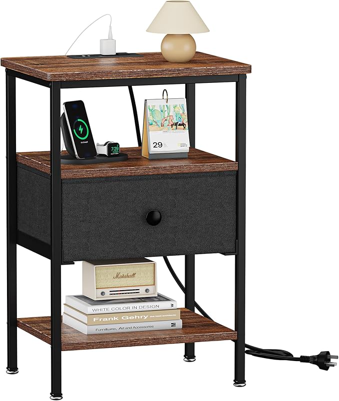 VECELO Nightstand with Charging Station,Bedside Table with Storage Shelf&Fabric Drawer,End Tables for Bedroom,Living Room,Small Spaces,Brown