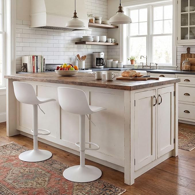 YOUNIKE Bar Stools Set of 2 Modern White PU Leather Counter Height Barstools, Swivel Adjustable Breakfast High Chairs with Back for Bar Counter and Kitchen Island
