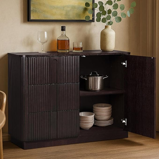 Teamson Home Potomac 42'' W Scandinavian Style Sideboard with 3 Drawer 1 Door and Adjustable Shelf, Solid Wood Frame, Push to Open and Acacia Veneer Living Room Storage Furniture in Espresso