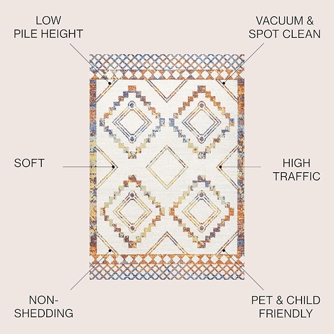 JONATHAN Y Amir Moroccan Beni Souk Ivory/Blue/Orange Indoor Area Rug, 3x5, Bohemian, Scandinavian, Easy-Cleaning for Living Room, Bedroom, Kitchen, Pet Friendly, Non-Shedding (MOH200E-3)