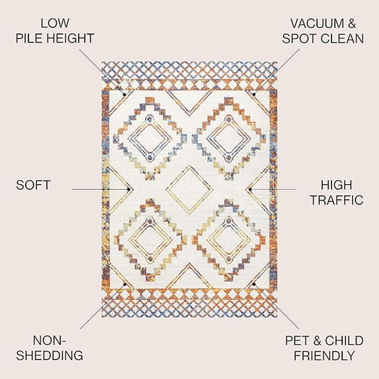 JONATHAN Y Amir Moroccan Beni Souk Ivory/Blue/Orange Indoor Area Rug, 3x5, Bohemian, Scandinavian, Easy-Cleaning for Living Room, Bedroom, Kitchen, Pet Friendly, Non-Shedding (MOH200E-3)