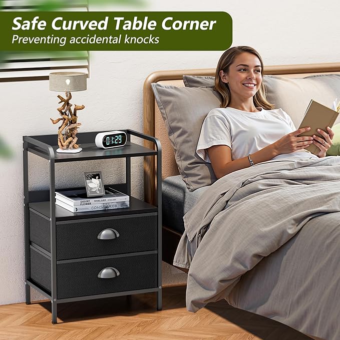 Night Stand with 2 Fabric Drawer and Sturdy Metal Frame, Lightweight & Durable -55LB Load Capacity, Wear-Resistant & Easy-Clean Surface,Rustic Black Modern
