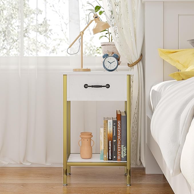 VECELO Nightstands, Industrial Side Table/End Tables with Drawer and Storage Shelf, Night Stands for Bedroom, Living Room, Wood Metal Furniture, Easy Assembly,Gold,l Set