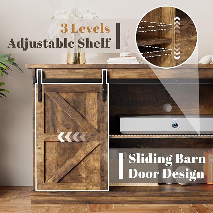 YESHOMY Farmhouse TV Stand for Televisions up to 65 Inch, Wood Entertainment Center with Sliding Barn Doors and 4 Storage Drawers, 58’’ Media Console Cabinet with Shelves for Living Room, Barnwood