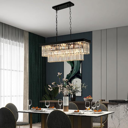 Black Crystal Chandeliers for Dining Room Light Fixtures Over Table，9-Lights Modern Rectangle Chandeliers for Kitchen Island Bar L28 Inch