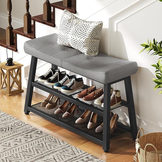 Shoe Bench, 3-Tier Shoe Rack, Entryway Bench with Storage and Cushion, for Hallway, Foyer, Bedroom, Gray and Black HX02BG
