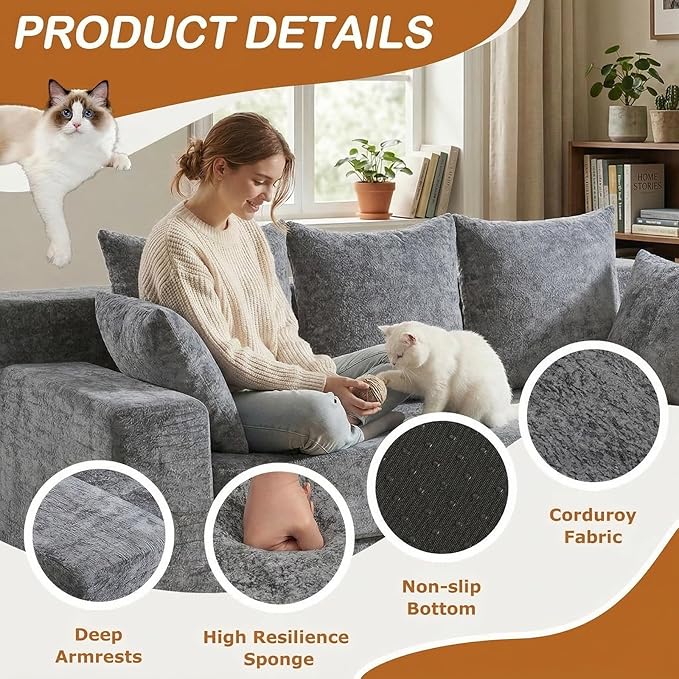 Convertible Sofa Bed, 5 in 1 Small Boneless Couch Pull Out Loveseat Sleeper Sofa,Corduroy Futon Couch Folding Mattress with 4 Pillows for Living Room Bedroom Lounge (Light Gray, 3 Seater)