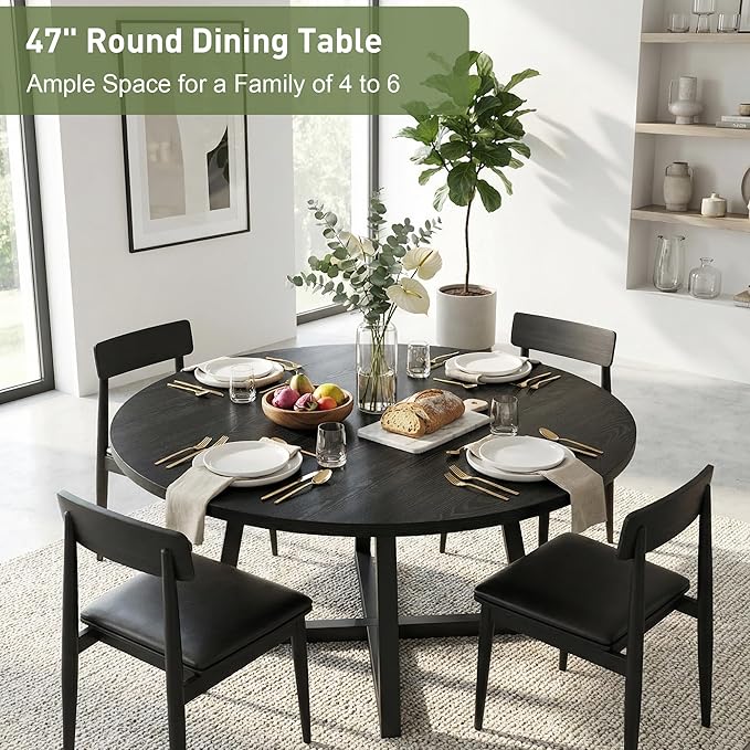 Round Dining Table for 4-6 with Storage Shelf, Kitchen & Dining Room Circle Pedestal Table, Heavy Duty Metal Frame & Wood Top