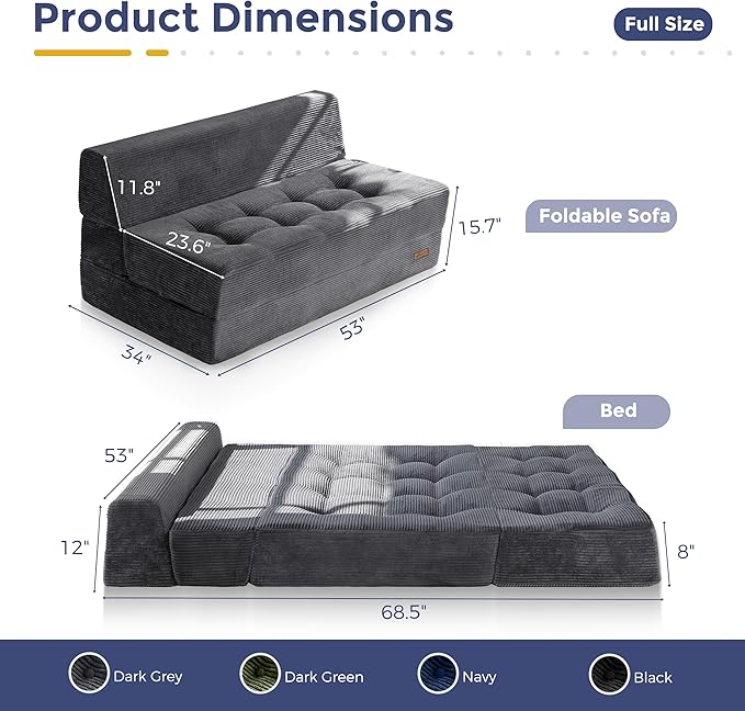 MAXYOYO 8" Folding Sofa Bed, Convertible Sleeper Sofa Lounger Foldable Mattress, Wedge Shape Floor Couch Tufted Fold Out Chair Bed Comfy Floor Couch Lounge for Living Room Bedroom, Loveseat, Dark Grey