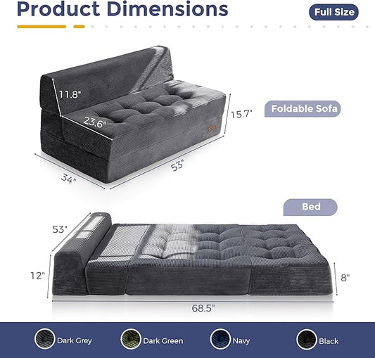 MAXYOYO 8" Folding Sofa Bed, Convertible Sleeper Sofa Lounger Foldable Mattress, Wedge Shape Floor Couch Tufted Fold Out Chair Bed Comfy Floor Couch Lounge for Living Room Bedroom, Loveseat, Dark Grey
