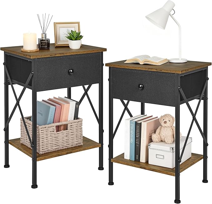VECELO Nightstand Set of 2, X-Design End Side Table with Fabric Storage Drawer and Open Shelf, Bedside Night Stand with Steel Frame for Bedroom, Living Room,Dorm, Easy Assembly,Antique Brown
