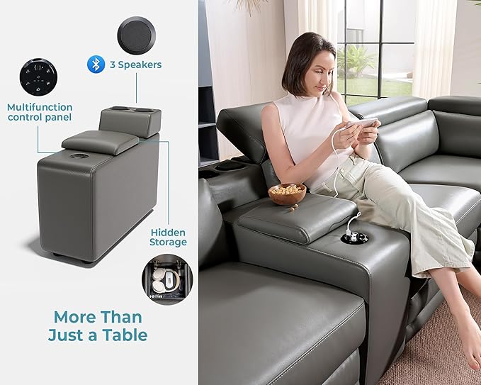Jocisland Dual Power Recliner, Oversized 5-Seater Sofa with Console, 3 Bluetooth Speakers & Hidden Storage, Modern L Shaped Reclining Couch with 6 Charging Ports - Dark Gray Leathaire